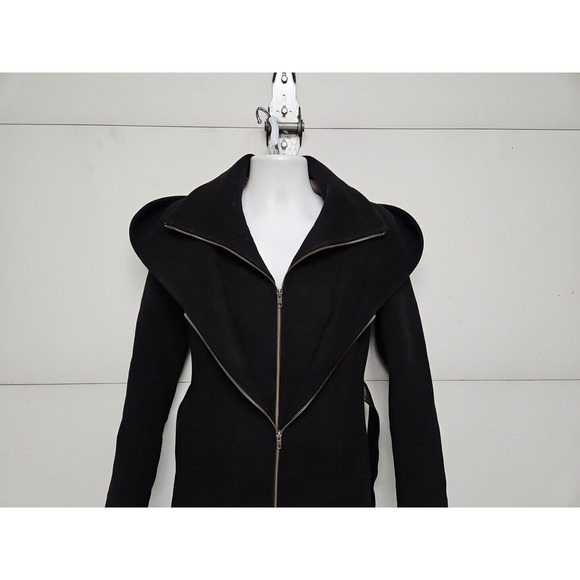 Soia & Kyo Luxury Hooded Wool Blnd Black Coat W/ Zip Inner Vest Leather Belt S/P - Picture 2 of 16